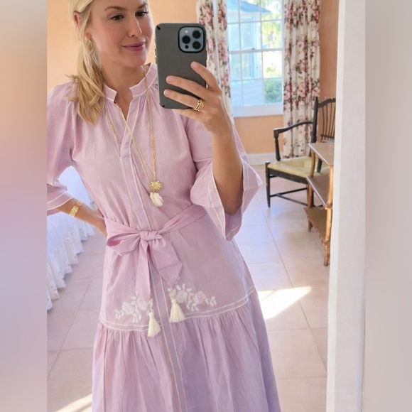 Julia Amory Palm Beach Gin Dress Belted Cotton Pink Lavender Embroidered Size M - Picture 10 of 12